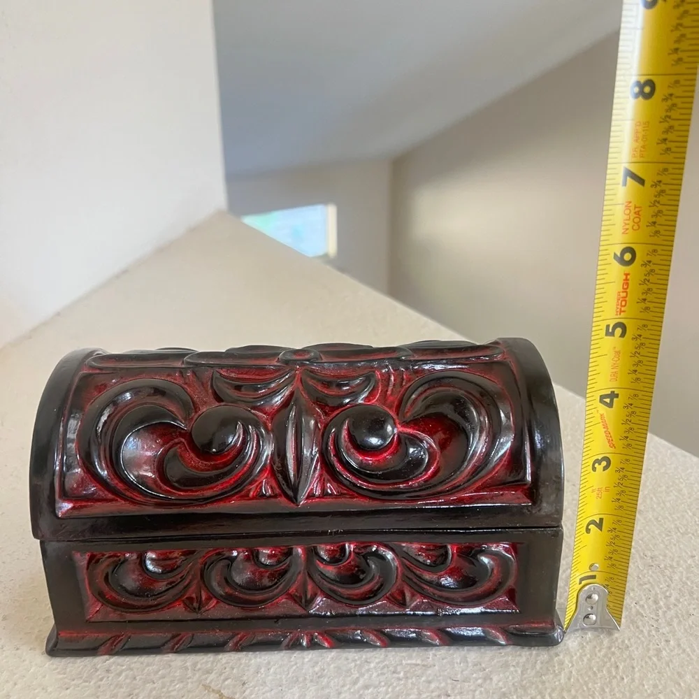 Vintage 1960s Hand Curved Decorative Box Ceramic Jewelry Red Black‎ Marked